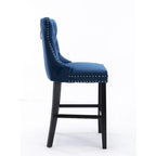 Contemporary Velvet Upholstered Barstools with Button Tufted Decoration and Wooden Legs, and Chrome Nailhead Trim, Set of 2