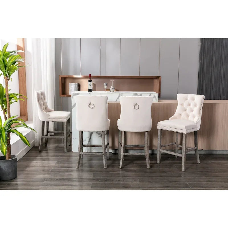 Contemporary Velvet Upholstered Barstools with Button Tufted Decoration and Wooden Legs, and Chrome Nailhead Trim, Set of 2