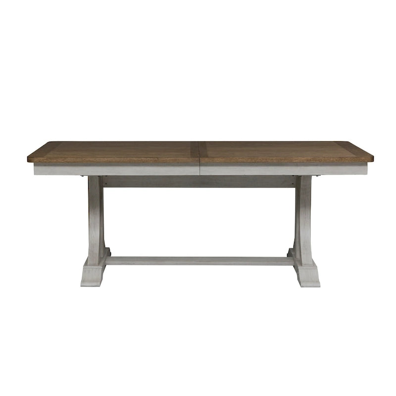 Farmhouse Reimagined Antique White with Chestnut 6 Piece Trestle Table Set