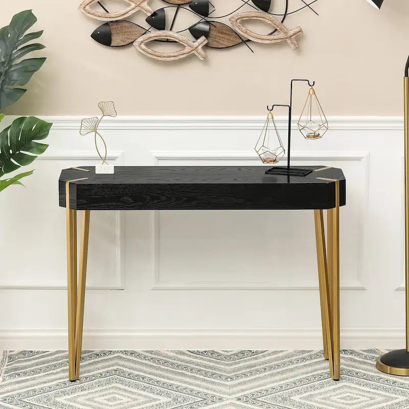 Black Wood and Gold Metal Console and Entry Table - 30.25  H x 42  W