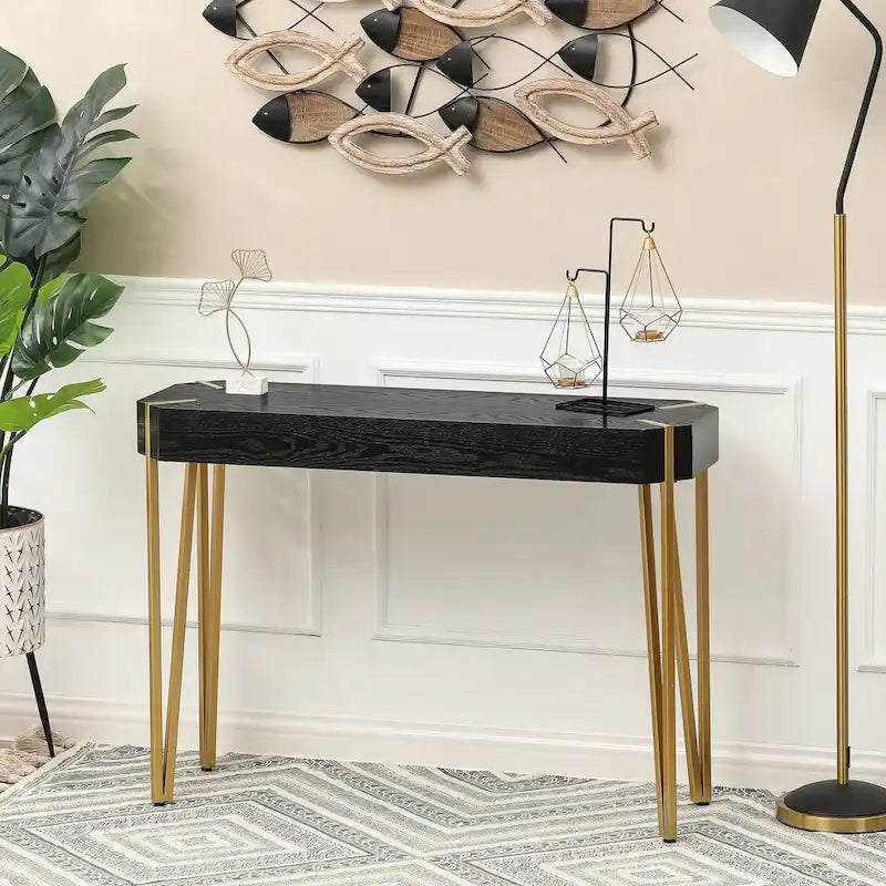Black Wood and Gold Metal Console and Entry Table - 30.25  H x 42  W