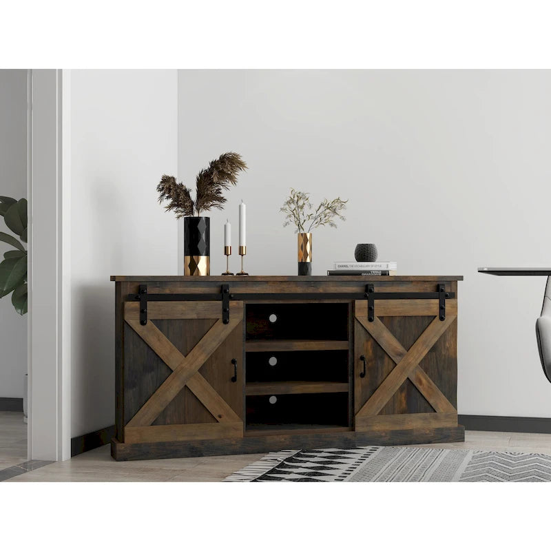 Bridgevine Home Farmhouse 66 inch Corner TV Stand for TVs up to 80 inches, No Assembly Required, Barnwood Finish