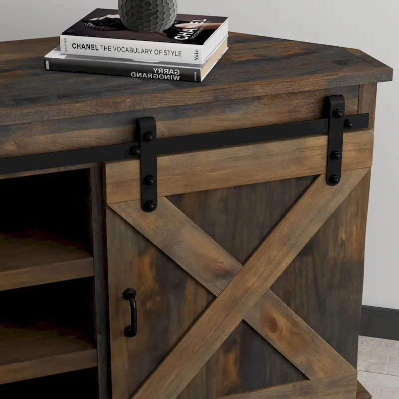 Bridgevine Home Farmhouse 66 inch Corner TV Stand for TVs up to 80 inches, No Assembly Required, Barnwood Finish