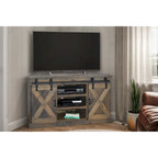 Bridgevine Home Farmhouse 66 inch Corner TV Stand for TVs up to 80 inches, No Assembly Required, Barnwood Finish