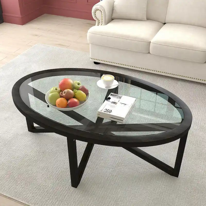 Contemporary Glass Coffee Table with Wood Base