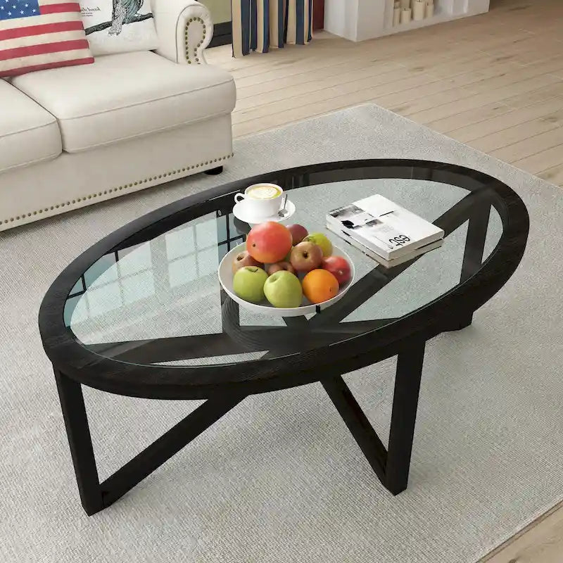 Contemporary Glass Coffee Table with Wood Base