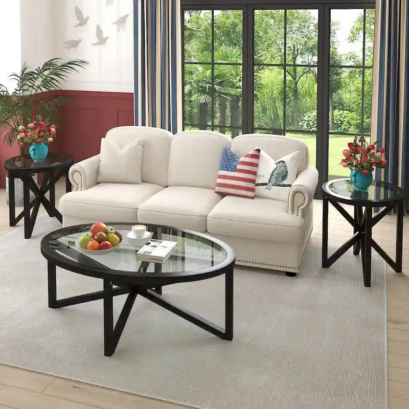 Contemporary Glass Coffee Table with Wood Base