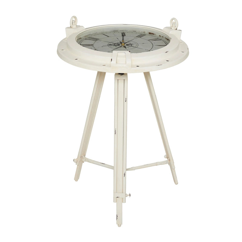 Metal Compass Accent Table with Clock and Clear Glass Top - White or Black - Roche River Decor