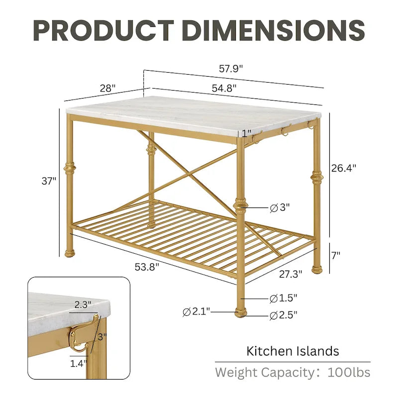 Avya Contemporary White and Gold 58-inch Wide Marble Top Kitchen Island by Furniture of America