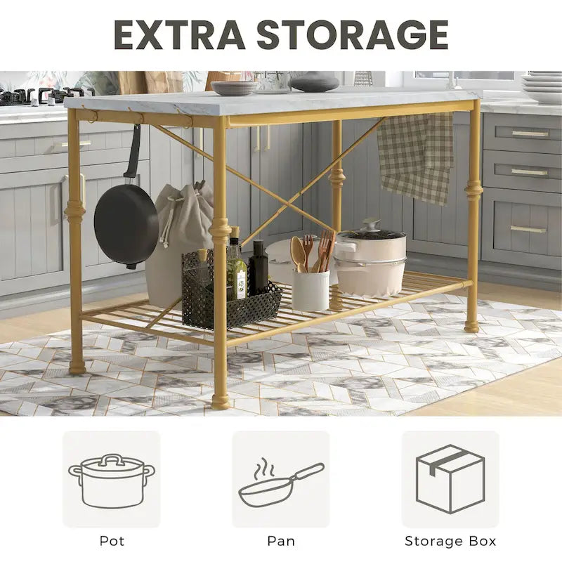 Avya Contemporary White and Gold 58-inch Wide Marble Top Kitchen Island by Furniture of America