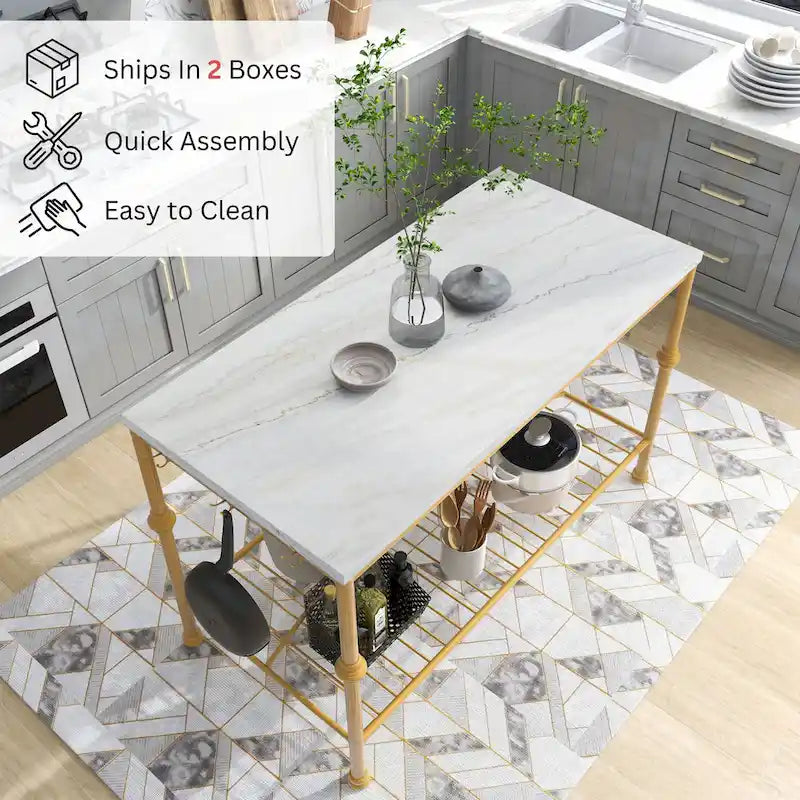 Avya Contemporary White and Gold 58-inch Wide Marble Top Kitchen Island by Furniture of America