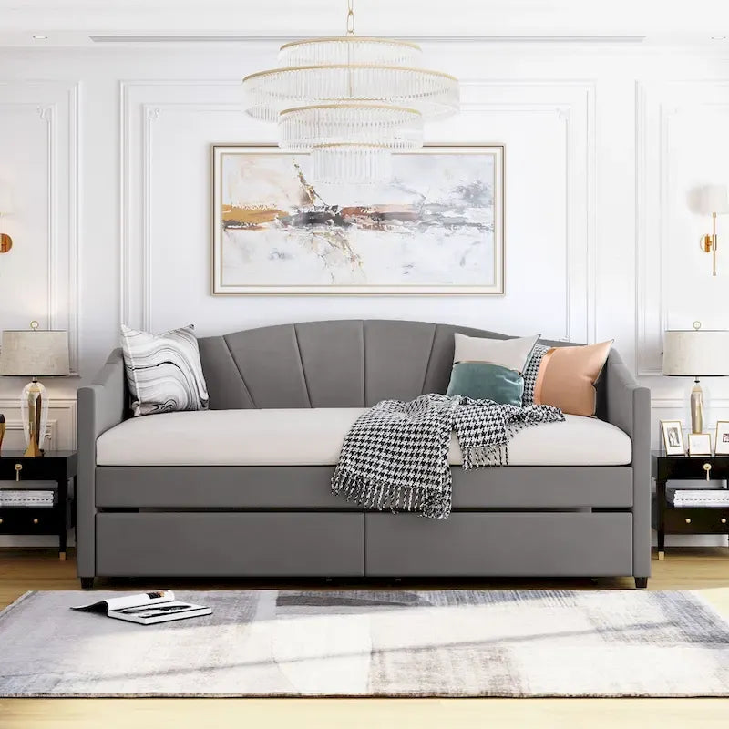 Upholstered daybed Twin Size with Two Drawers and Wood Slat Suppot