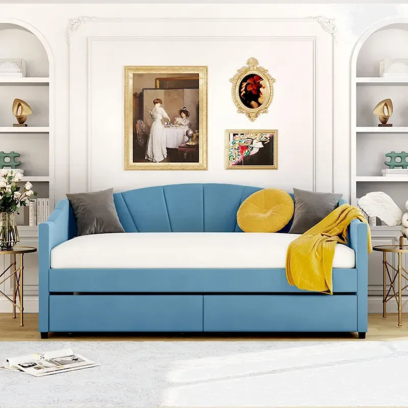 Upholstered daybed Twin Size with Two Drawers and Wood Slat Suppot