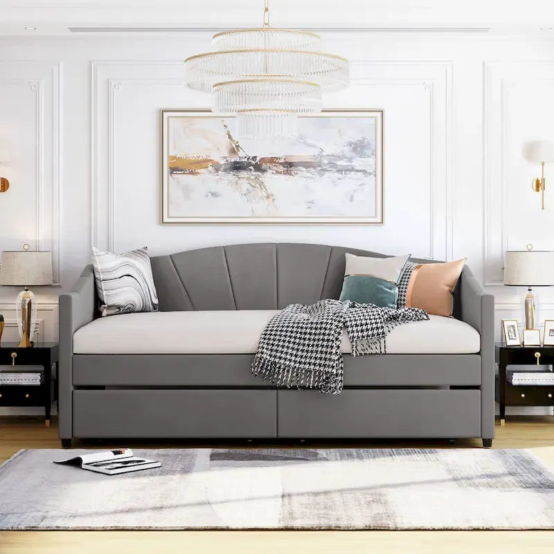 Upholstered daybed Twin Size with Two Drawers and Wood Slat Suppot