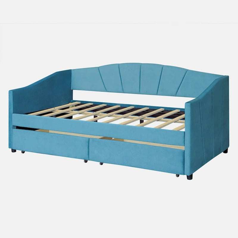 Upholstered daybed Twin Size with Two Drawers and Wood Slat Suppot
