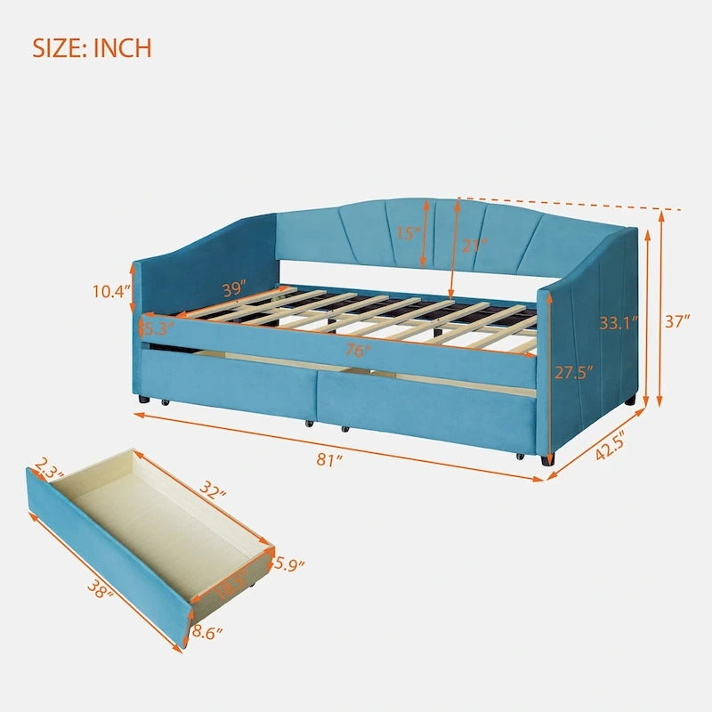 Upholstered daybed Twin Size with Two Drawers and Wood Slat Suppot