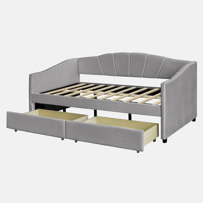 Upholstered daybed Twin Size with Two Drawers and Wood Slat Suppot
