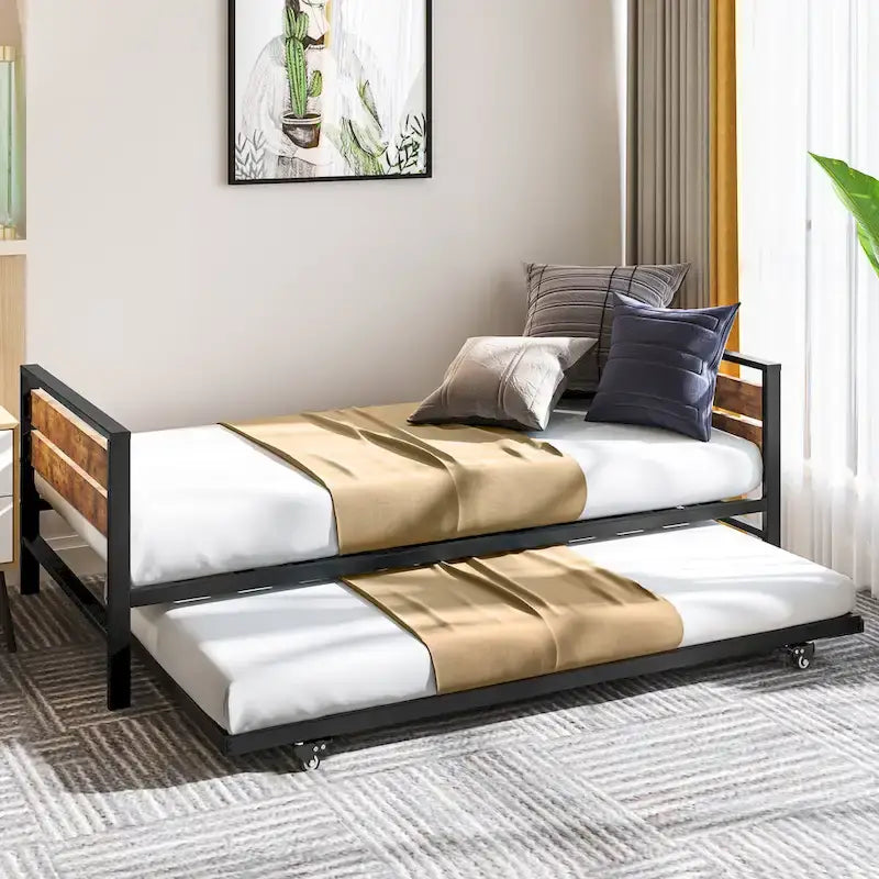 Twin Metal Frame Daybed with Pullout Trundle Heavy Duty Steel Slat Support Bed Frame