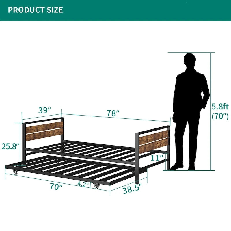Twin Metal Frame Daybed with Pullout Trundle Heavy Duty Steel Slat Support Bed Frame