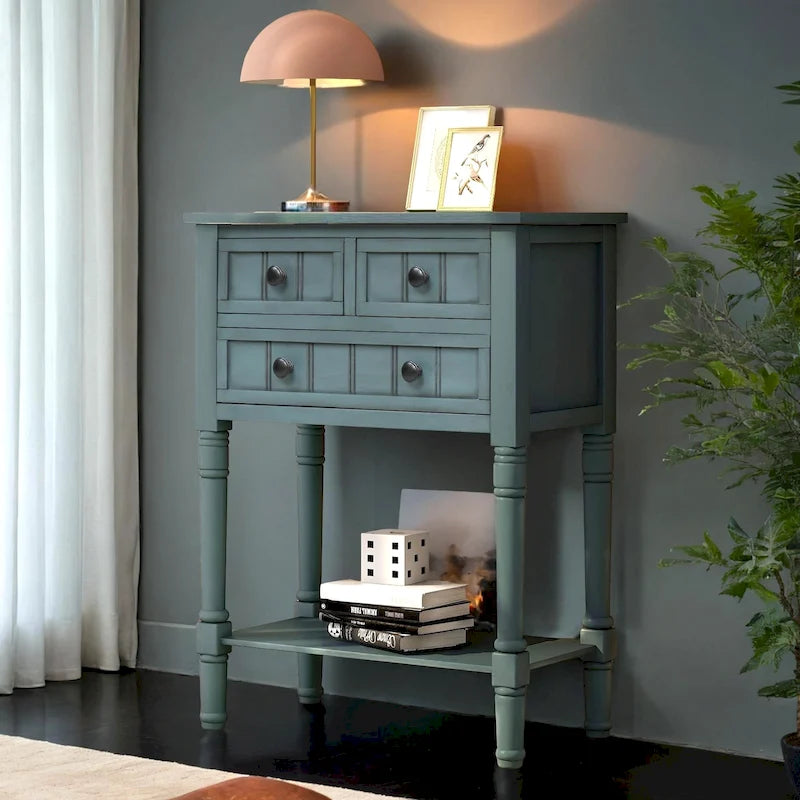 Narrow table, rustic entrance table, slim sofa table, three storage drawers and bottom shelf