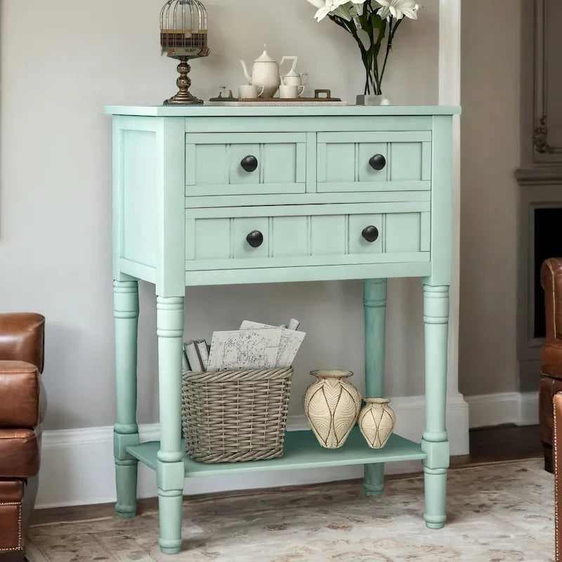 Narrow table, rustic entrance table, slim sofa table, three storage drawers and bottom shelf