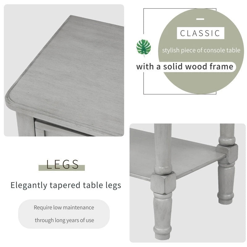 Narrow table, rustic entrance table, slim sofa table, three storage drawers and bottom shelf