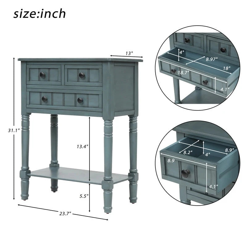 Narrow table, rustic entrance table, slim sofa table, three storage drawers and bottom shelf