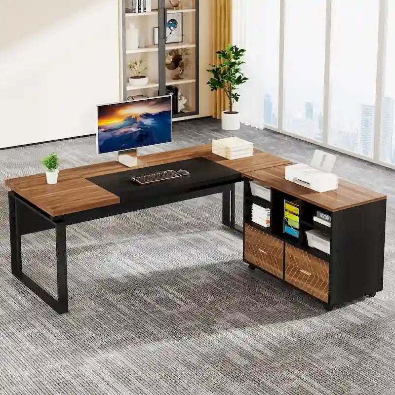 L-Shaped Executive Desk with File Cabinet
