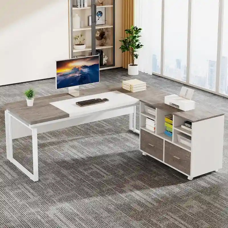 L-Shaped Executive Desk with File Cabinet
