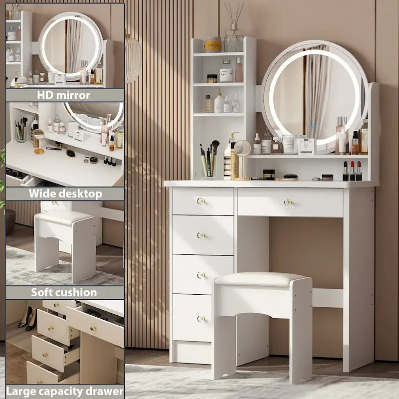 Timechee 31.5  Wide Makeup Vanity Set with Stool, Mirror,3 Color Light - 31.5 W