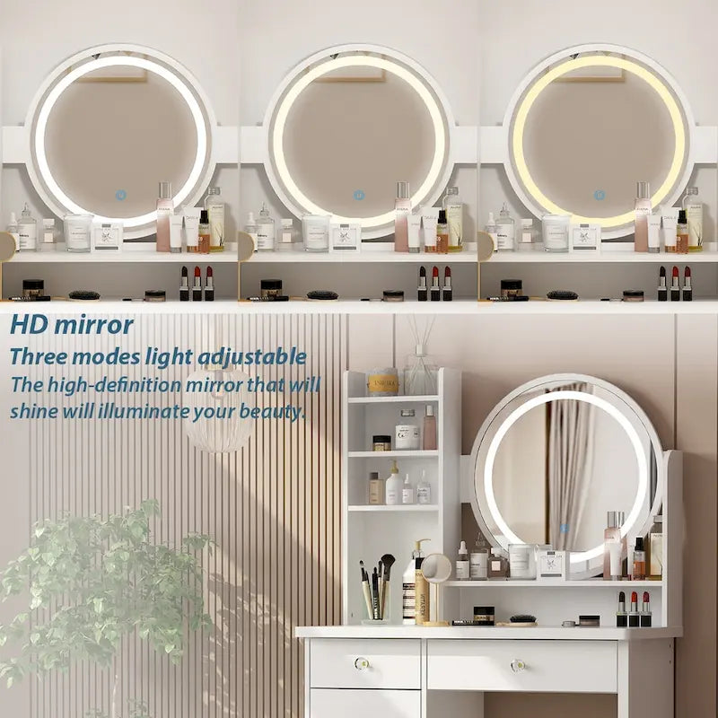 Timechee 31.5  Wide Makeup Vanity Set with Stool, Mirror,3 Color Light - 31.5 W