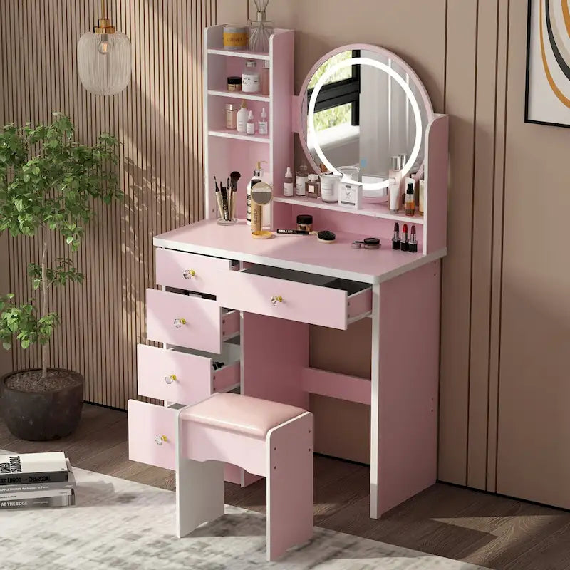 Timechee 31.5  Wide Makeup Vanity Set with Stool, Mirror,3 Color Light - 31.5 W