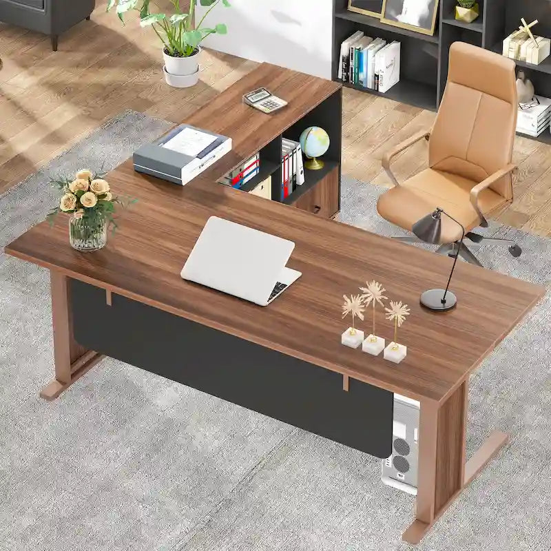 63  Large Executive Desk L Shaped Computer Desk with File Storage Cabinet