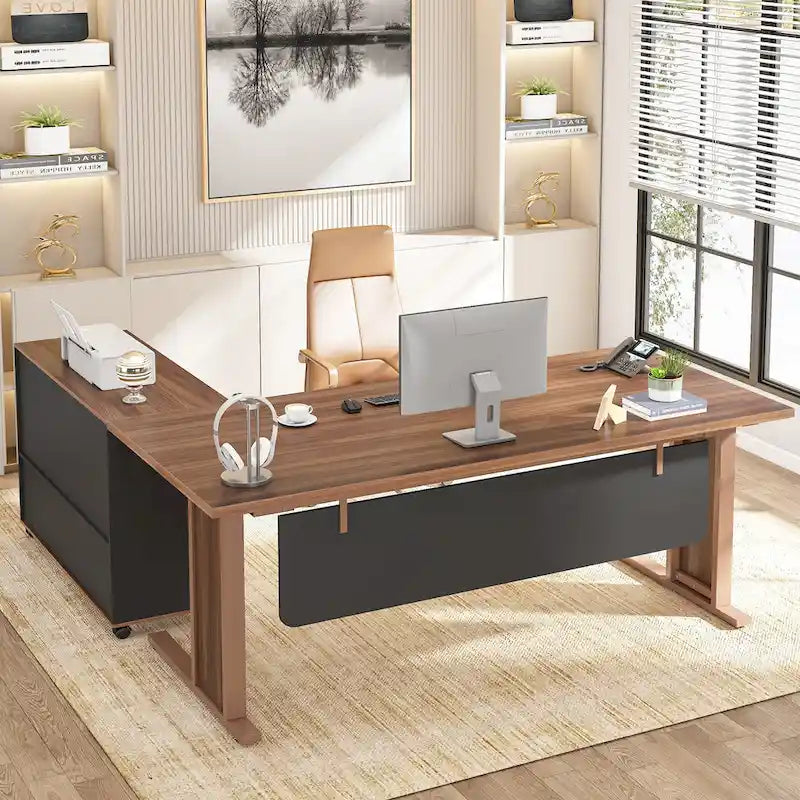63  Large Executive Desk L Shaped Computer Desk with File Storage Cabinet