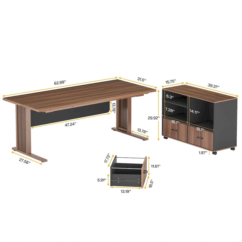 63  Large Executive Desk L Shaped Computer Desk with File Storage Cabinet