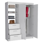 Kenya 3-Drawer Armoire with 3 Upper Shelves, 2 Hangers, Metal Handles, White - N/A