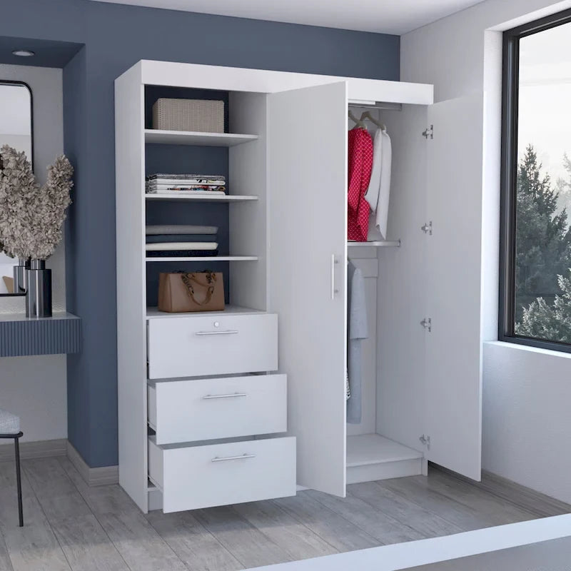 Kenya 3-Drawer Armoire with 3 Upper Shelves, 2 Hangers, Metal Handles, White - N/A