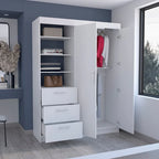 Kenya 3-Drawer Armoire with 3 Upper Shelves, 2 Hangers, Metal Handles, White - N/A