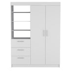 Kenya 3-Drawer Armoire with 3 Upper Shelves, 2 Hangers, Metal Handles, White - N/A