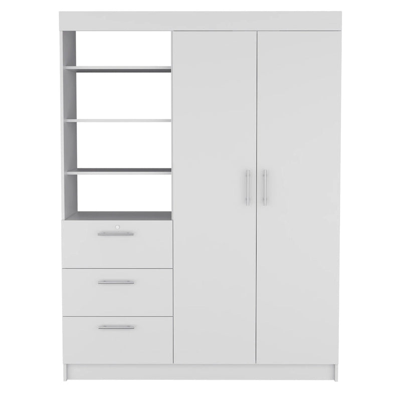 Kenya 3-Drawer Armoire with 3 Upper Shelves, 2 Hangers, Metal Handles, White - N/A
