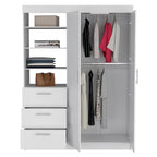 Kenya 3-Drawer Armoire with 3 Upper Shelves, 2 Hangers, Metal Handles, White - N/A