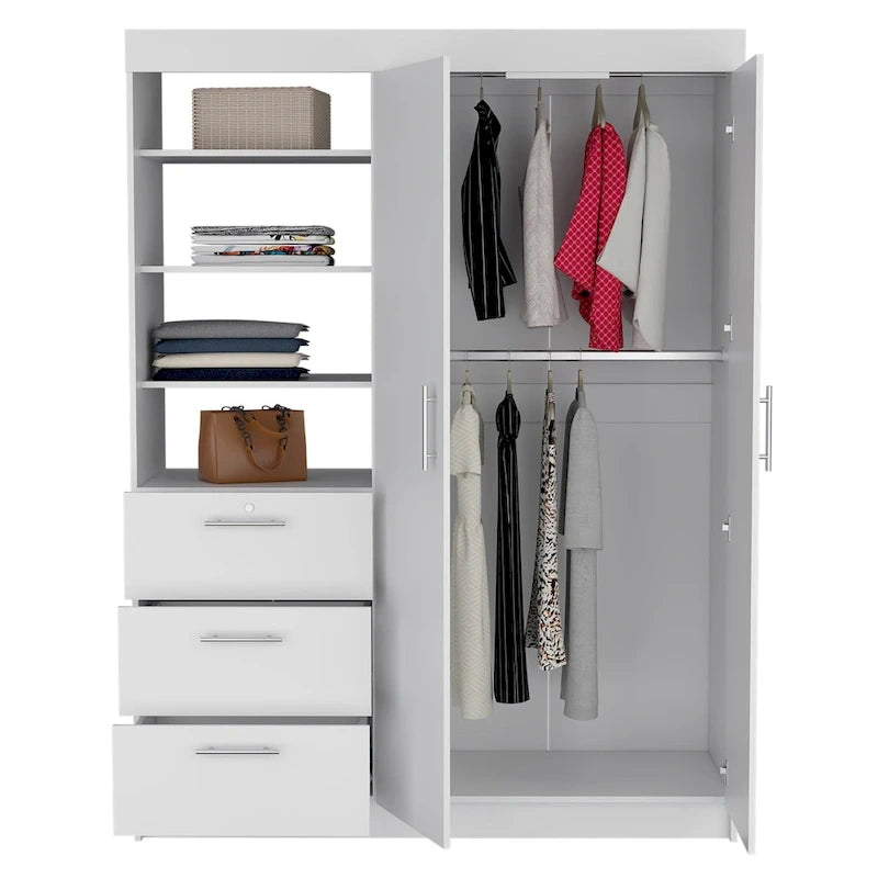 Kenya 3-Drawer Armoire with 3 Upper Shelves, 2 Hangers, Metal Handles, White - N/A
