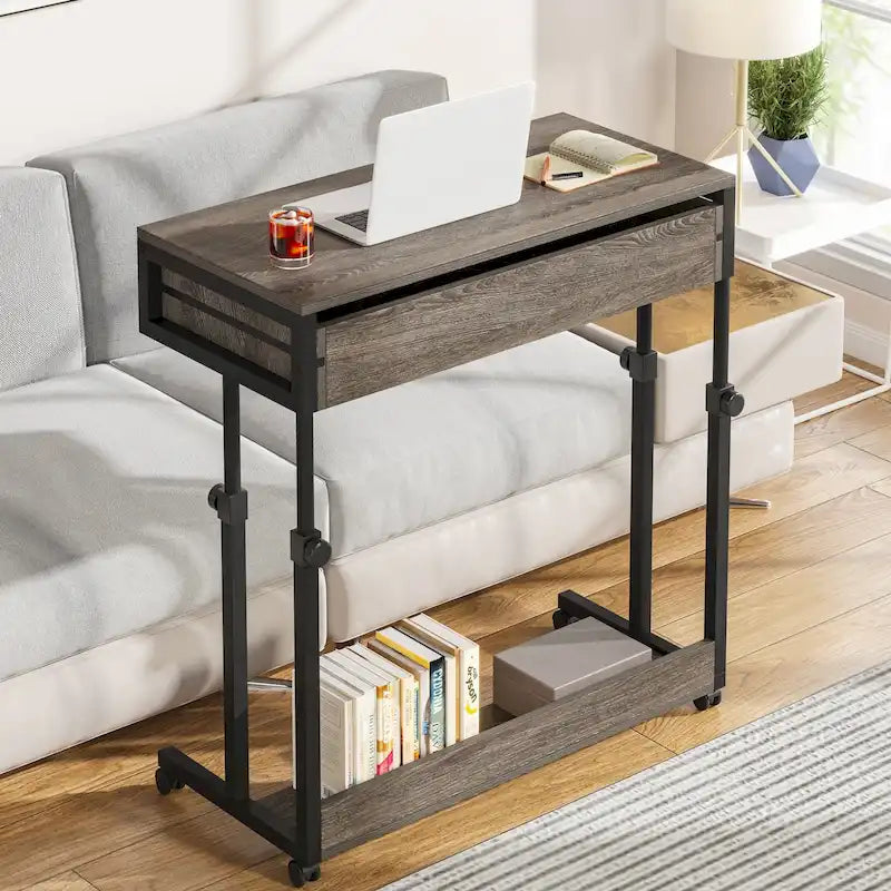 Adjustable Side Table Portable Desk with Drawers and Wheels for Home Office
