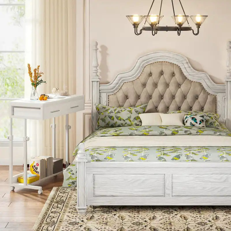 Adjustable Side Table Portable Desk with Drawers and Wheels for Home Office