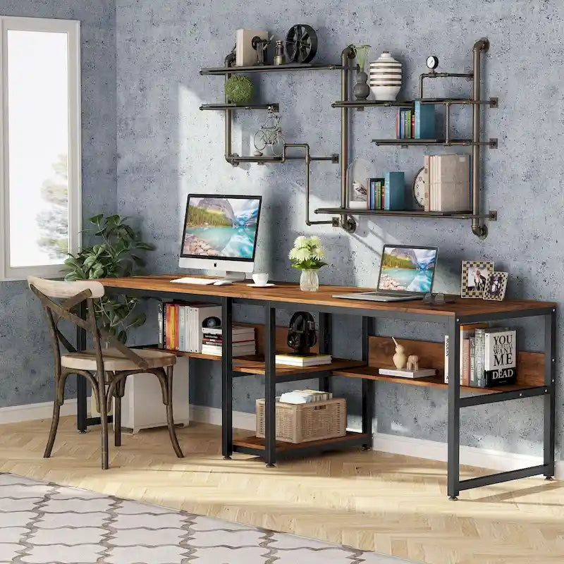 78.7  Two Person Desk, Double Desk with Bookshelf