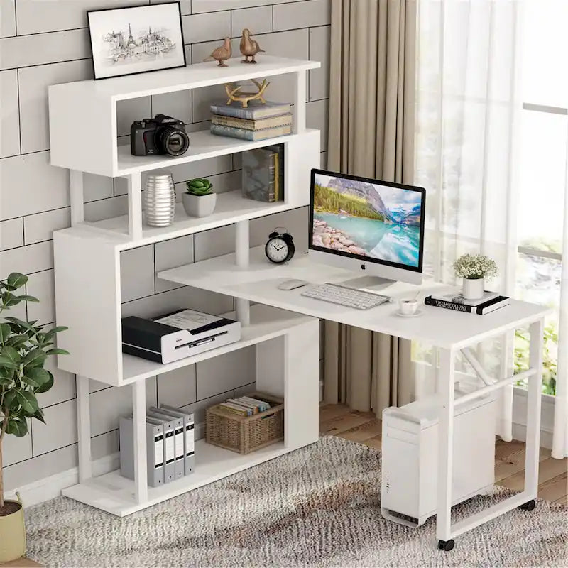 L-Shaped Rotating Computer Desk with Bookshelf