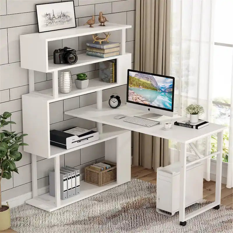 L-Shaped Rotating Computer Desk with Bookshelf