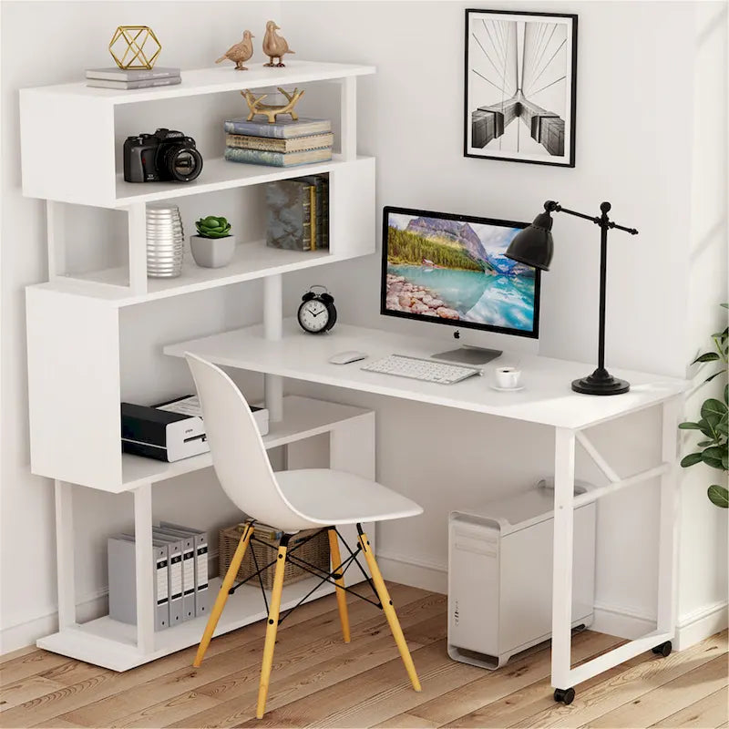L-Shaped Rotating Computer Desk with Bookshelf