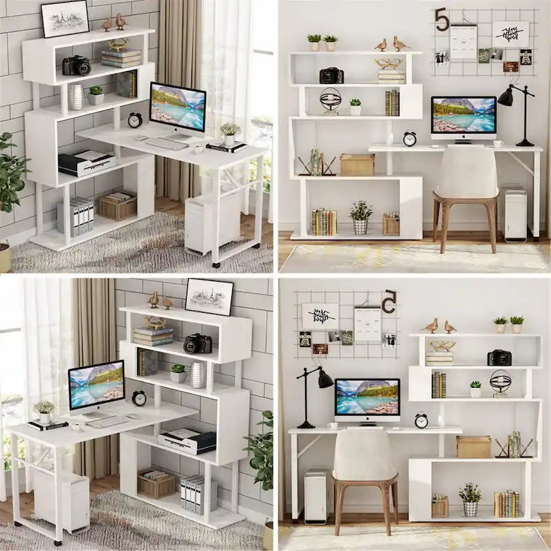 L-Shaped Rotating Computer Desk with Bookshelf