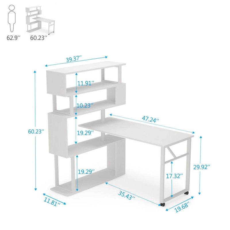 L-Shaped Rotating Computer Desk with Bookshelf